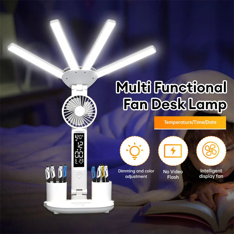 3in1 Multifunction Table Lamp LED Four-headed Folding With Fan Calendar Clock USB Rechargeable Desk Light 3 Color Reading Lamp