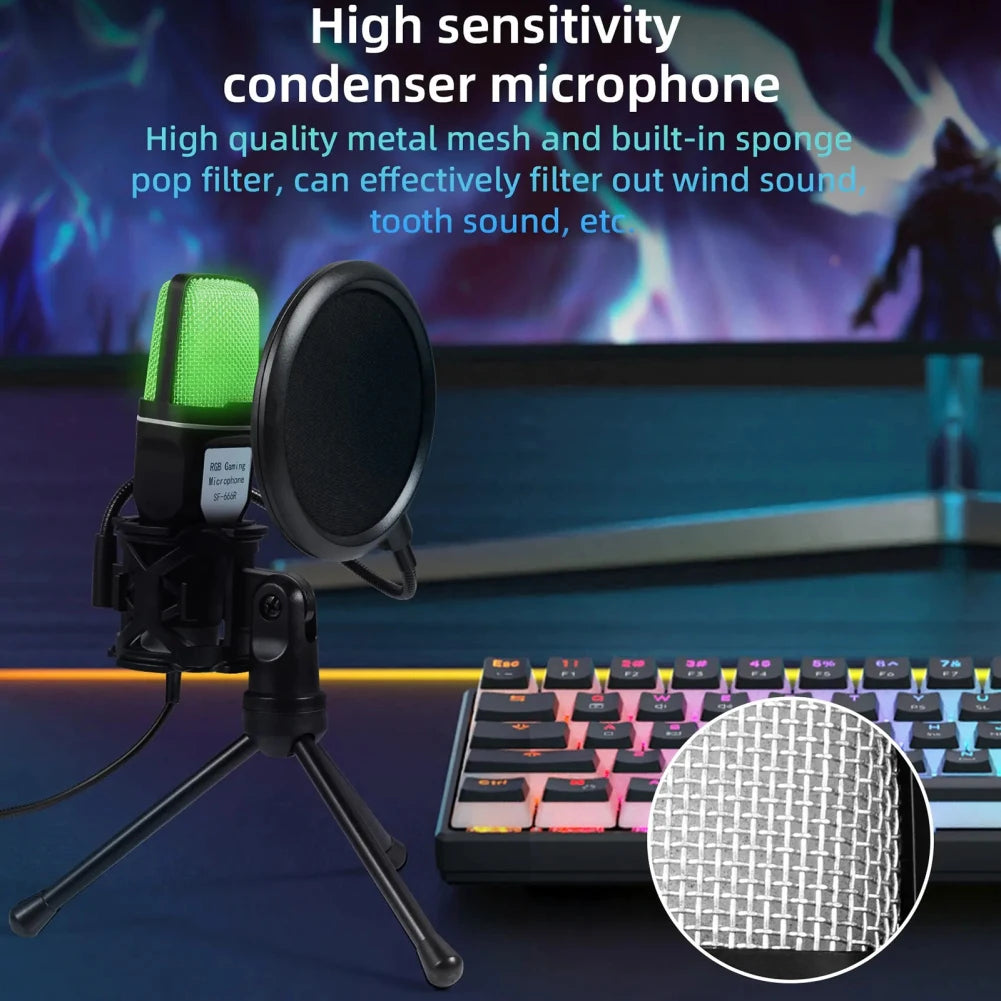 SF666R USB Wired Microphone Noise Reduction RGB Condensador Gaming Mic For Interview Vlogging Video Recording Podcast With Stand