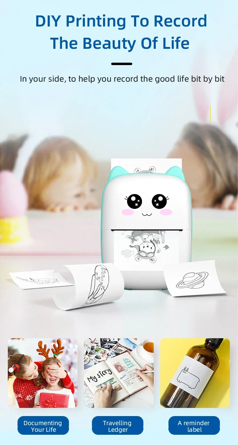 Mini CAT portable thermal printer print photo pocket thermal label printer 58mm printing wireless Bluetooth Android iOS printers