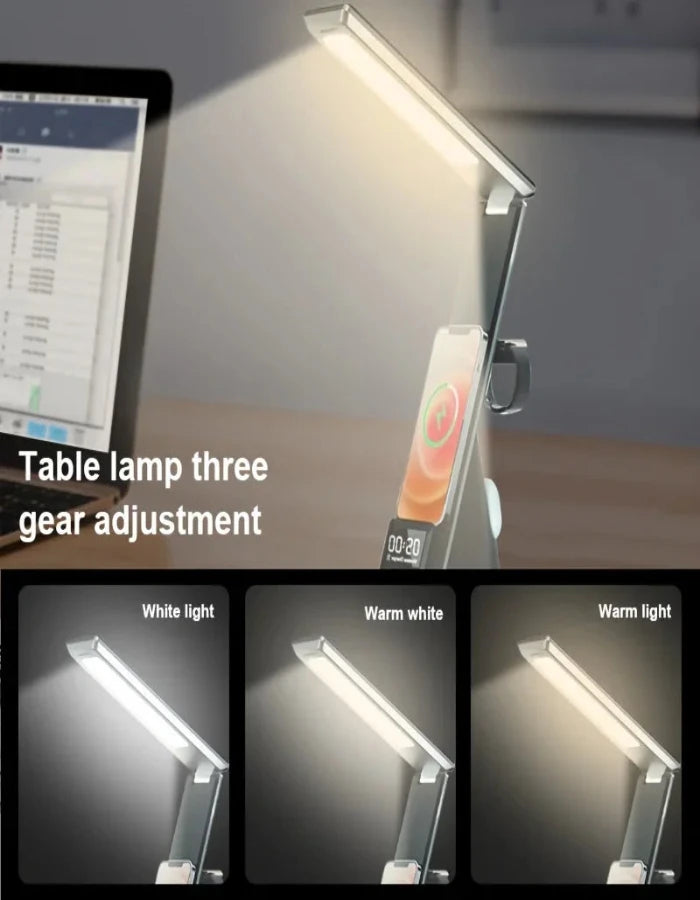 Five-in-one Foldable Desk Lamp Wireless Charger, with Clock and Alarm Function, Multiple Devices Can Be Charged At The Same Time