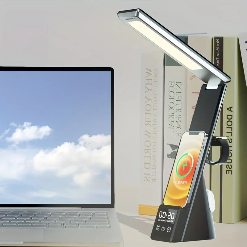 Five-in-one Foldable Desk Lamp Wireless Charger, with Clock and Alarm Function, Multiple Devices Can Be Charged At The Same Time