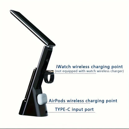 Five-in-one Foldable Desk Lamp Wireless Charger, with Clock and Alarm Function, Multiple Devices Can Be Charged At The Same Time