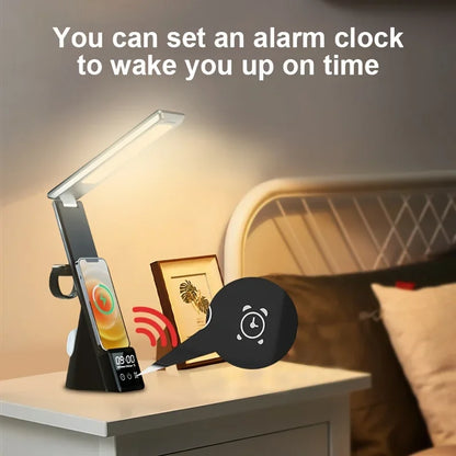 Five-in-one Foldable Desk Lamp Wireless Charger, with Clock and Alarm Function, Multiple Devices Can Be Charged At The Same Time