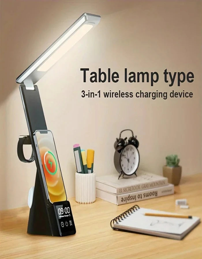 Five-in-one Foldable Desk Lamp Wireless Charger, with Clock and Alarm Function, Multiple Devices Can Be Charged At The Same Time