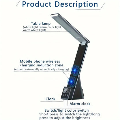 Five-in-one Foldable Desk Lamp Wireless Charger, with Clock and Alarm Function, Multiple Devices Can Be Charged At The Same Time